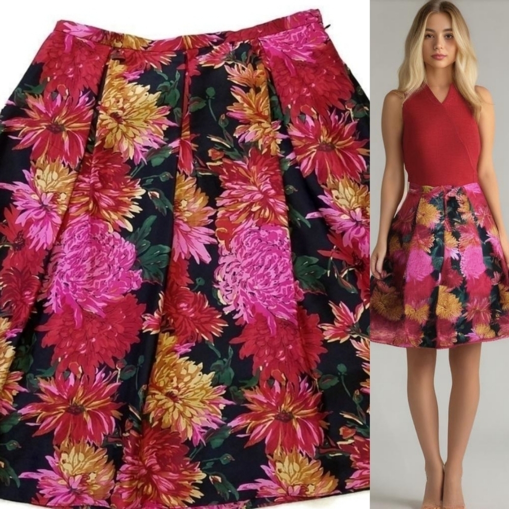 90s Vintage Talbots Multi-color Floral Silk Pleated High Waisted Mini Skirt 10